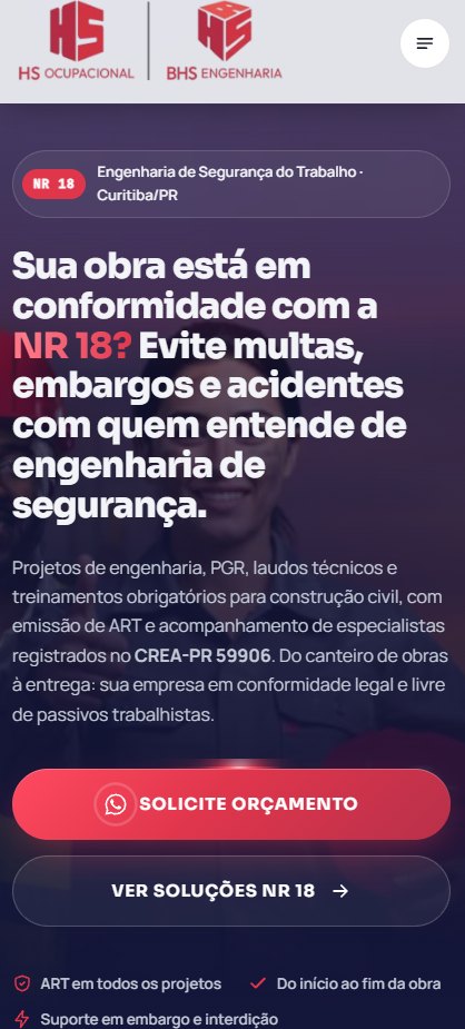 HS Ocupacional & BHS Engenharia — página NR 18, site criado pela WEBX